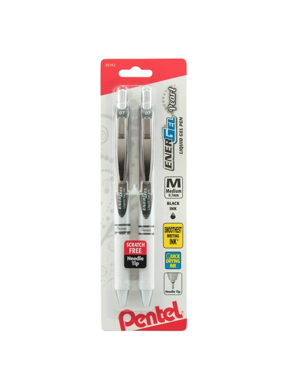 Pentel EnerGel Pearl Retractable Liquid Gel Pen, Needle Tip (0.7mm) Medium Line, Black Ink, 2-Pk, for Adults, Teens, Children and Seniors