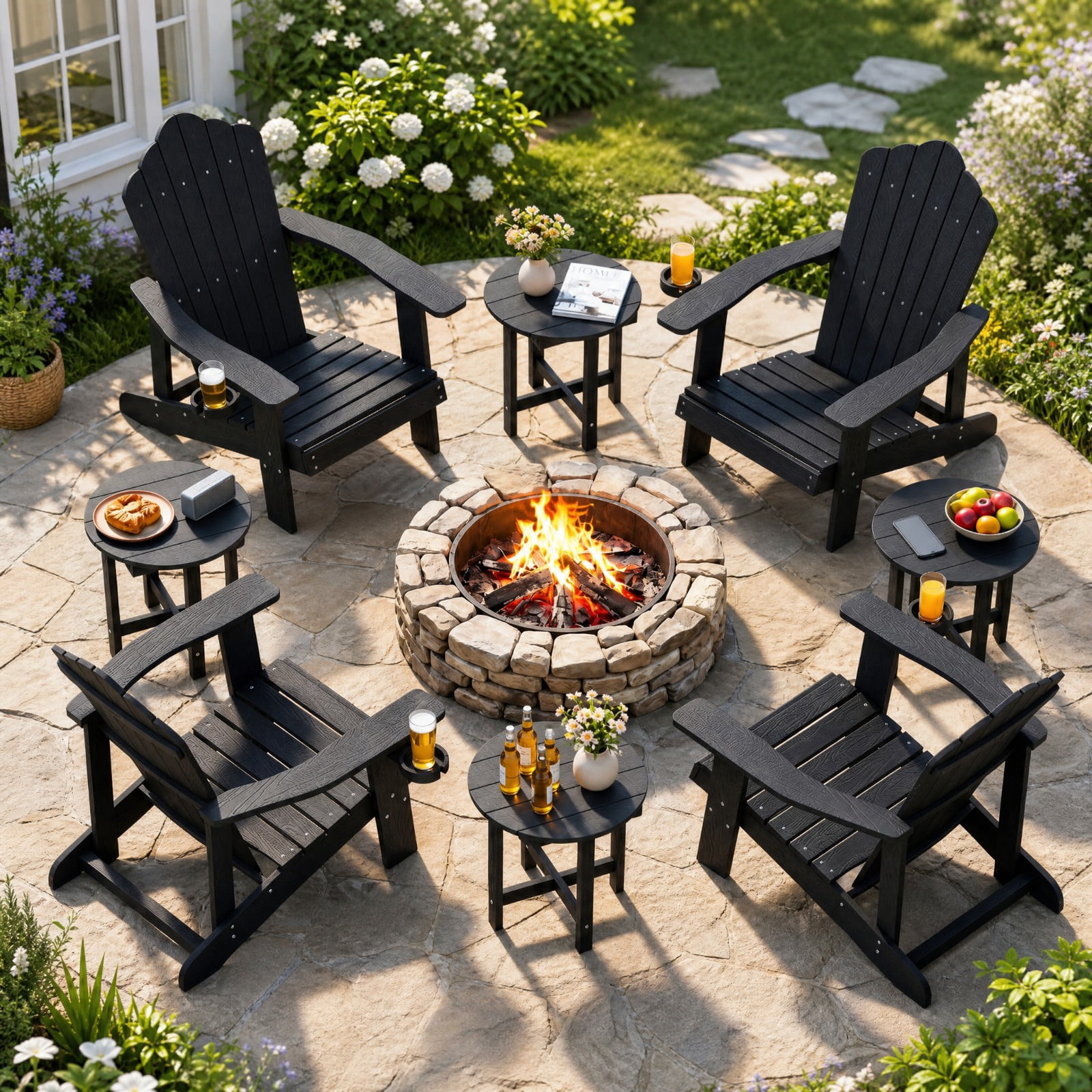Biotree 18 Inch Adirondack Side Table Outdoor, Weatherproof HIPS Slatted End Table with X-Base and 66 lbs Capacity for Deck Backyard Poolside, Black