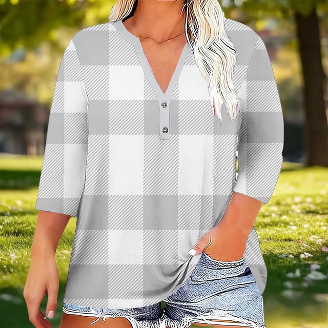 Xuyuer Womens Plus Size Tops 3/4 Sleeve Blouses Summer V Neck Shirts Smocked Cuffs Spring Outfits 1X-5X Casual Loose Tunic Tops Dressy T Shirts Loose Summer Business Work Blouses