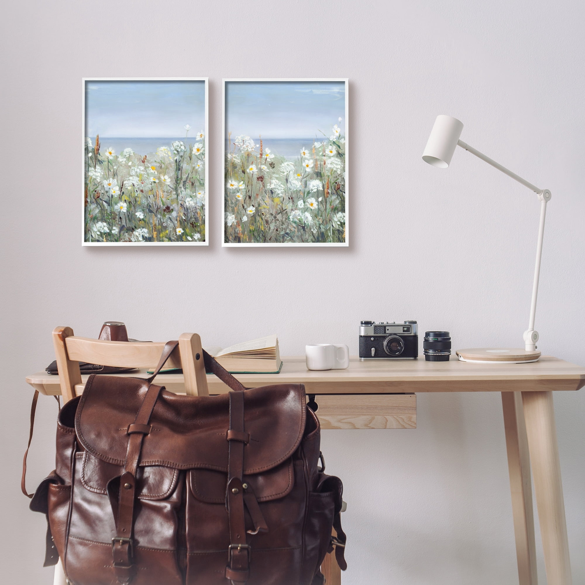 Stupell Industries Beachside Wild Flowers Blooming Distant Ocean Scene Painting White Framed Art Print Wall Art, Set of 2, Design by Sally Swatland