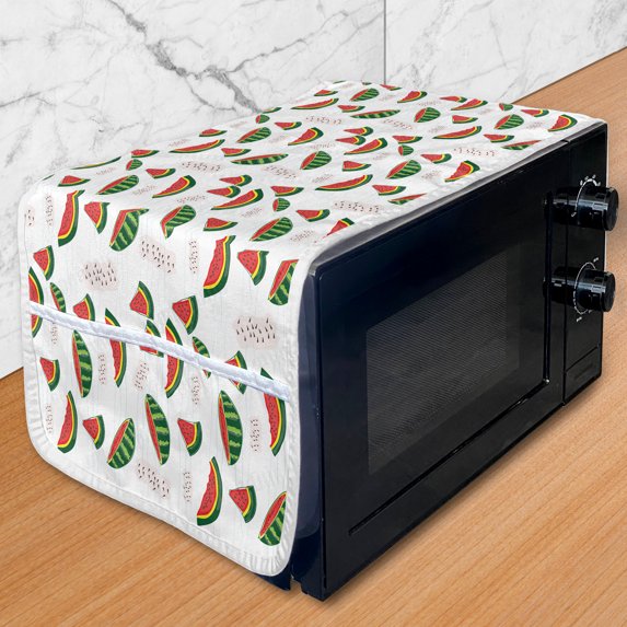 Watermelon Microwave Oven Cover, Hand Drawn Doodles of Juicy Fruit Slices, Water Resistant Organizer with Pockets for Kitchen, 36" x 12", Coral Olive Green, by Ambesonne
