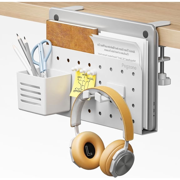 Desk Side Storage Organizer, Clamp-On Under Desk Laptop Holder with Pegboard Accessories, Hanging Shelf for Laptops/Tablets, Fits 0.4"–2.2" Desk Edge, White