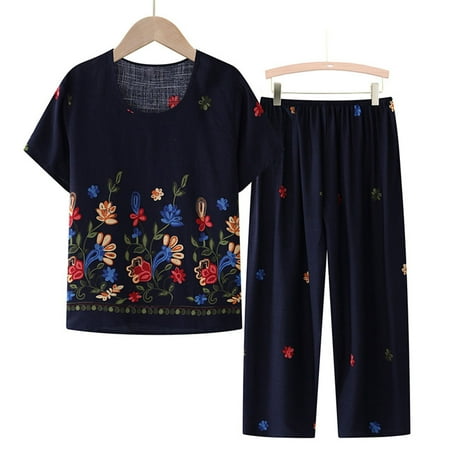 

Summer Savings HJCOMMED Women s 2 Piece Outfits Women Casual Floral Printed Round Neck Short Sleeve Cotton Top And Loose Elasticated Long Wide Leg Trousers Set Comfortable Home Wear Pajamas Navy