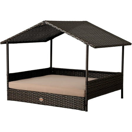 Huntley Pet Rattan Wicker Indoor Outdoor Cabana Raised Pet Bed with Canopy Weather Proof Cushion Cover