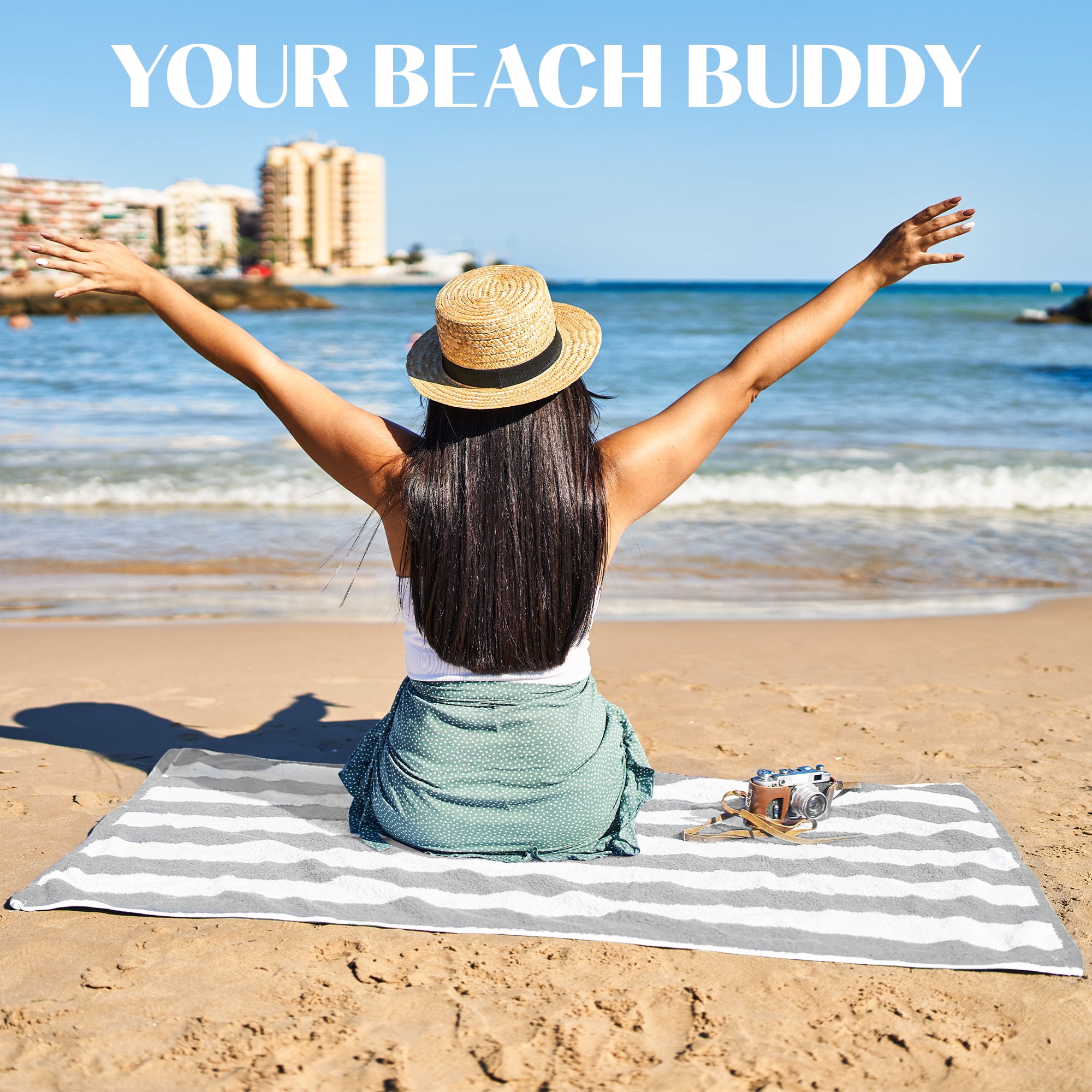 Bliss Casa 100% Cotton Beach Towels (4 Pack, 30 x 60 Inch) - Extra Soft & Highly Absorbent Summer Pool Towel Oversized Cabana Stripe (Blue/ Grey)