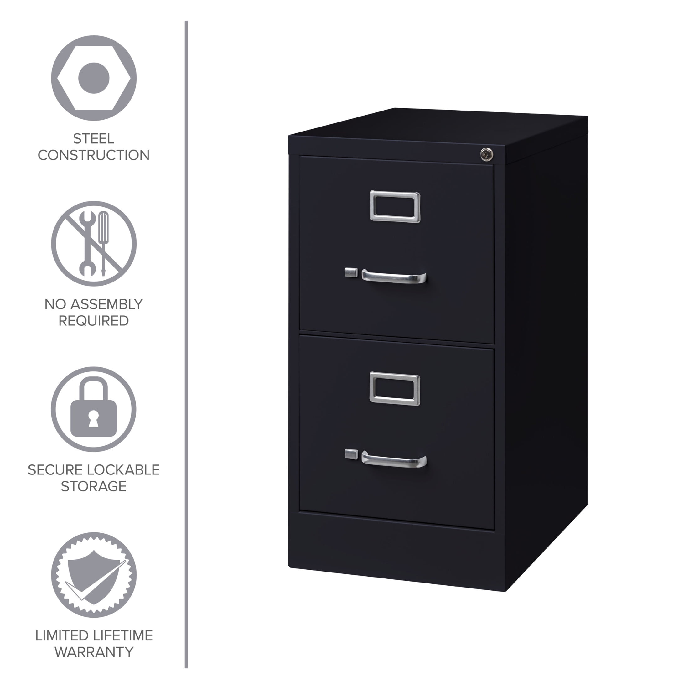 Hirsh 2 Drawer Letter Locking Metal Vertical File Cabinet, 22" Deep, Black