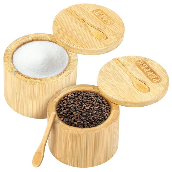 Ikoopy Bamboo Spice Cellar 5 oz Seasoning Salt Bowl Round Pepper Bowl with Magnetic Swivel Lid and Spoon Pepper Storage Box Kitchen Pepper Container Holder for Table Salt White and Black Pepper
