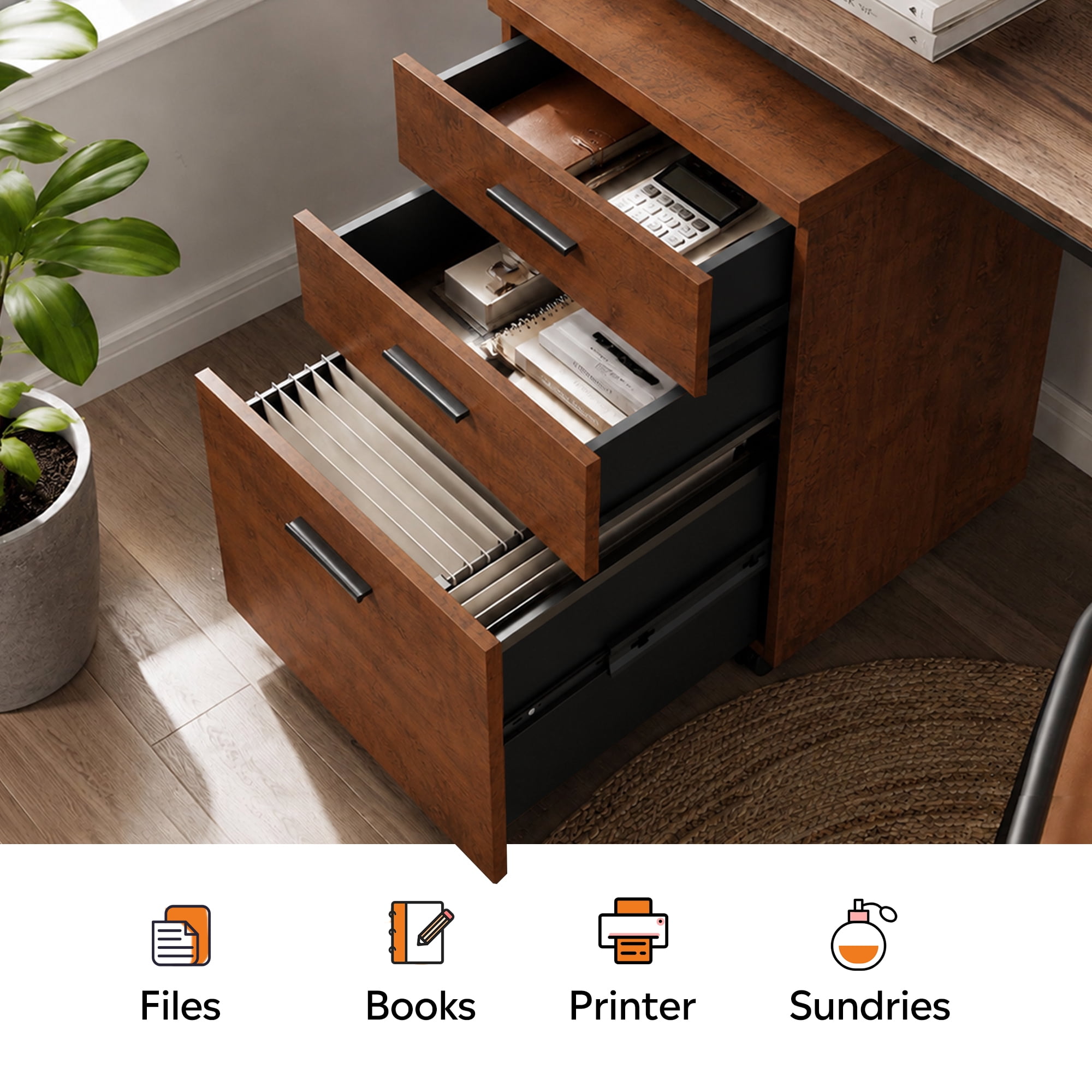 GALAXHERO Wood Rolling File Cabinet with 3 Drawers(Widen), Portable Vertical Mobile Wooden Storage Filing Cabinet, for Home Office, Walnut