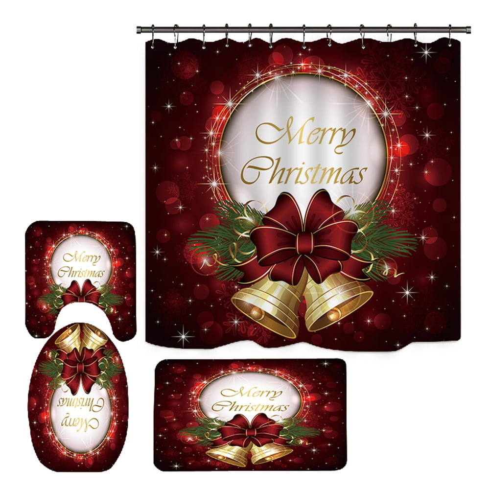 Red Toilet Lid Cover and Bath Mat Pknoclan 4Pcs Merry Christmas Shower Curtain Set with Non-Slip Rug Xmas Snowman Shower Curtains with 12 Hooks Christmas Santa Shower Curtain Sets for Bathroom
