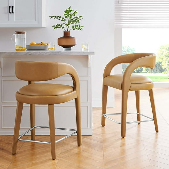 Modway Pinnacle Vegan Leather Counter Stool Set of Two in Tan Silver