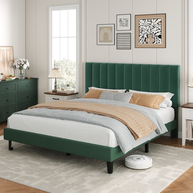 Velvet Upholstered Bed Frame with Adjustable Tufted Headboard, Platform Design, No Box Spring Required, Easy to Assemble