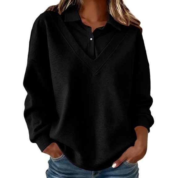 Tbopshirt Sweatshirts for Women Solid Color Shirt Lapel Patchwork Hoodie Sweatshirt V-Neck Long Sleeve Loose Casual Pullover with Collar Flap Flap Sports Top Hoodie,S-3XL