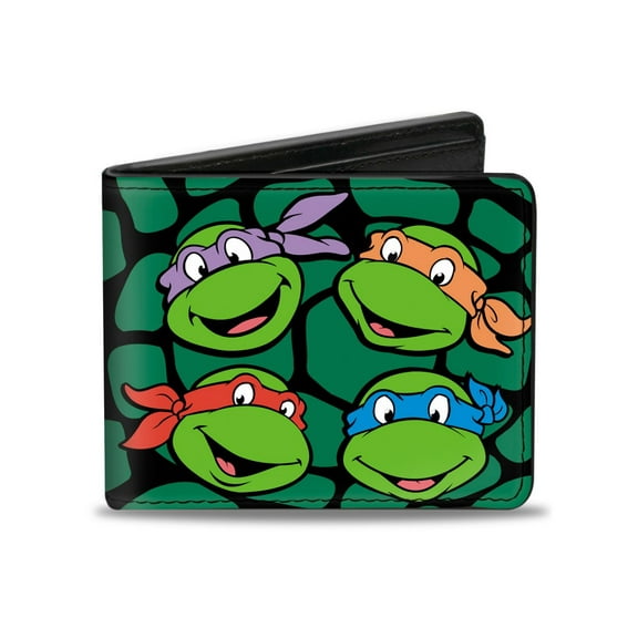 Nickelodeon Wallet, Bifold, Classic TMNT Turtle Faces Black Green Turtle Shell, Vegan Leather