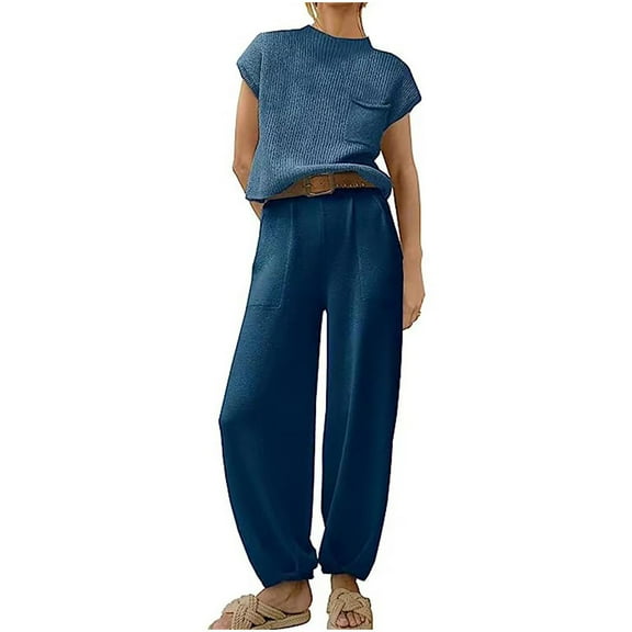 YUGYXL Womens Two Piece Outfits Casual Sweater Sets Knit Cap Sleeve Tops High Waisted Pants with Pockets Summer Lounge Sets Blue XXL