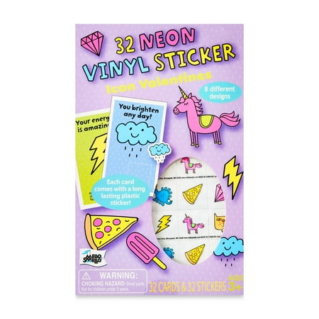 Mello Smello Valentine's Day Neon Vinyl Sticker Icon Valentines Kiddie Cards, 32CT