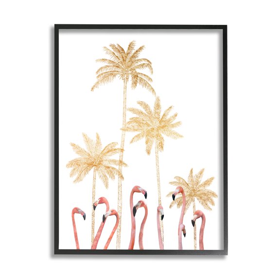 Stupell Industries Tall Flamingoes Golden Palm Trees over White Black Framed by Ziwei Li