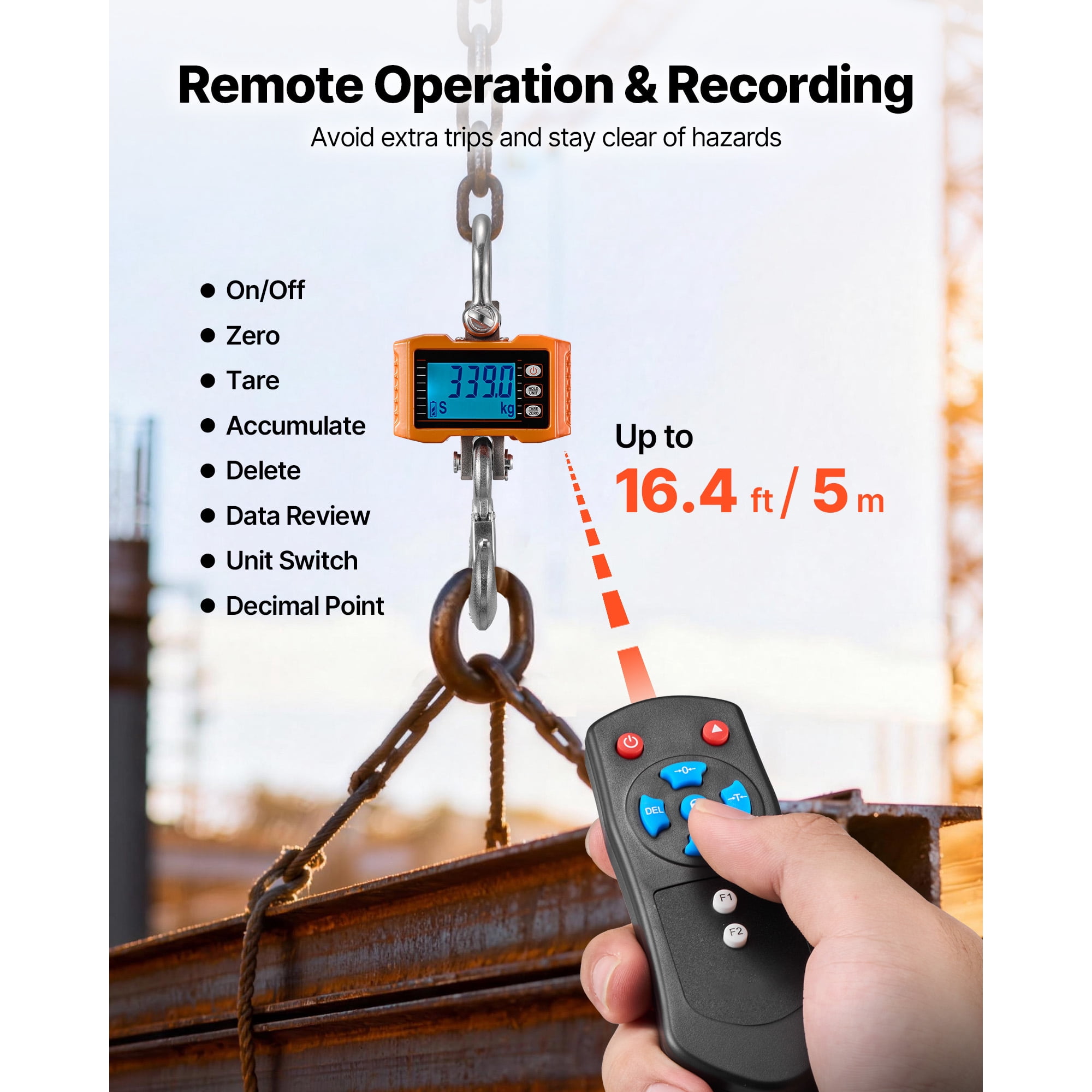 KFFKFF Digital Crane Scale, 4400 lbs/2000 kg Capacity, Industrial Hanging Scale with Durable Aluminum Case & LCD Display, 1 lb Precision, 3 Unit Options, Remote Control for Workshop or Factory Use