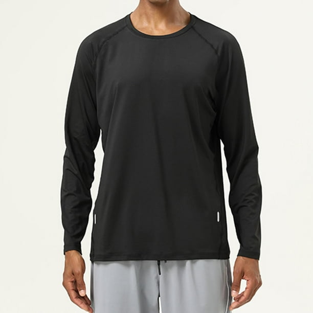 pstuiky camisa de manga larga para hombre, Camiseta de manga larga con cuello redondo para hombre, de color liso, para entrenamiento físico, con protección solar, elástica y secado rápido. xl