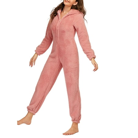 

Autumn Winter Cute Fleece Plush Warm Hooded Jumpsuit Pajamas Women Long Sleeve Sleepwear Homewear