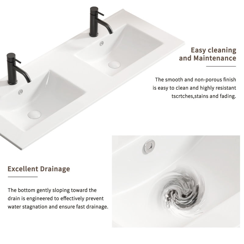 TICOZE Large 48 Inch Double Bowl Ceramic Bathroom Sink, Thin Edge Dual Vanity Sink, White Porcelain Ceramic Sink for Countertop Installation