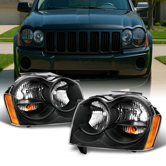 AKKON - For Jeep Grand Cherokee Replacement Headlights Driver/Passenger Black Head Lamps Pair New