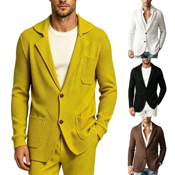 Mens Cardigan Sweater Knit Blazer Suit Jacket Casual Two Button Lightweight Sport Coat with Multi Pockets