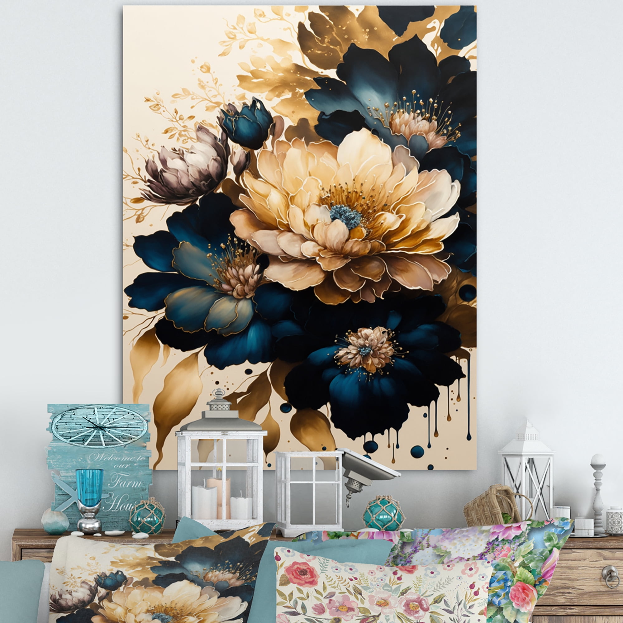 Designart Blue And Gold Dahlia Bunch III Canvas Wall Art