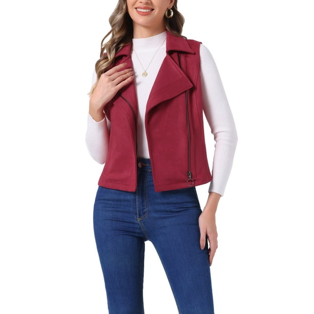 Chaleco sin mangas corto de biker de ante sintético para mujer INSPIRE CHIC XS Burdeos