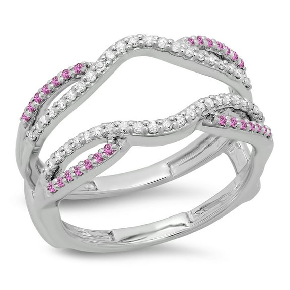 Dazzlingrock Collection 10K Round Cut White Diamond & Pink Sapphire Ladies Wedding Band Guard Double Ring, White Gold, Size 7.5