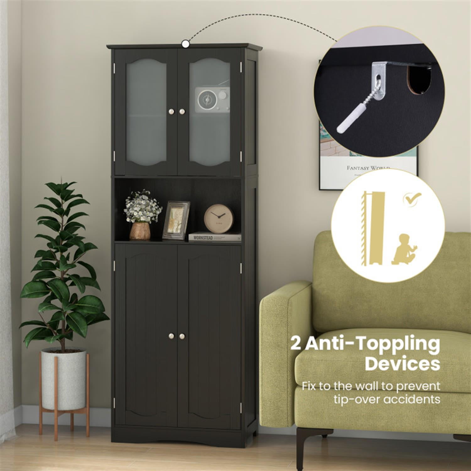 Demi Bonn 64.5" Tall Freestanding Bathroom Storage Cabinet with Frost Glass Doors and Shelves, Pantry Cabinets, Black