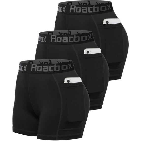 Roadbox Compression Shorts Women 3" Volleyball Shorts with Pockets Cool Dry for Running Workout Yoga Cycling Swimming Dance