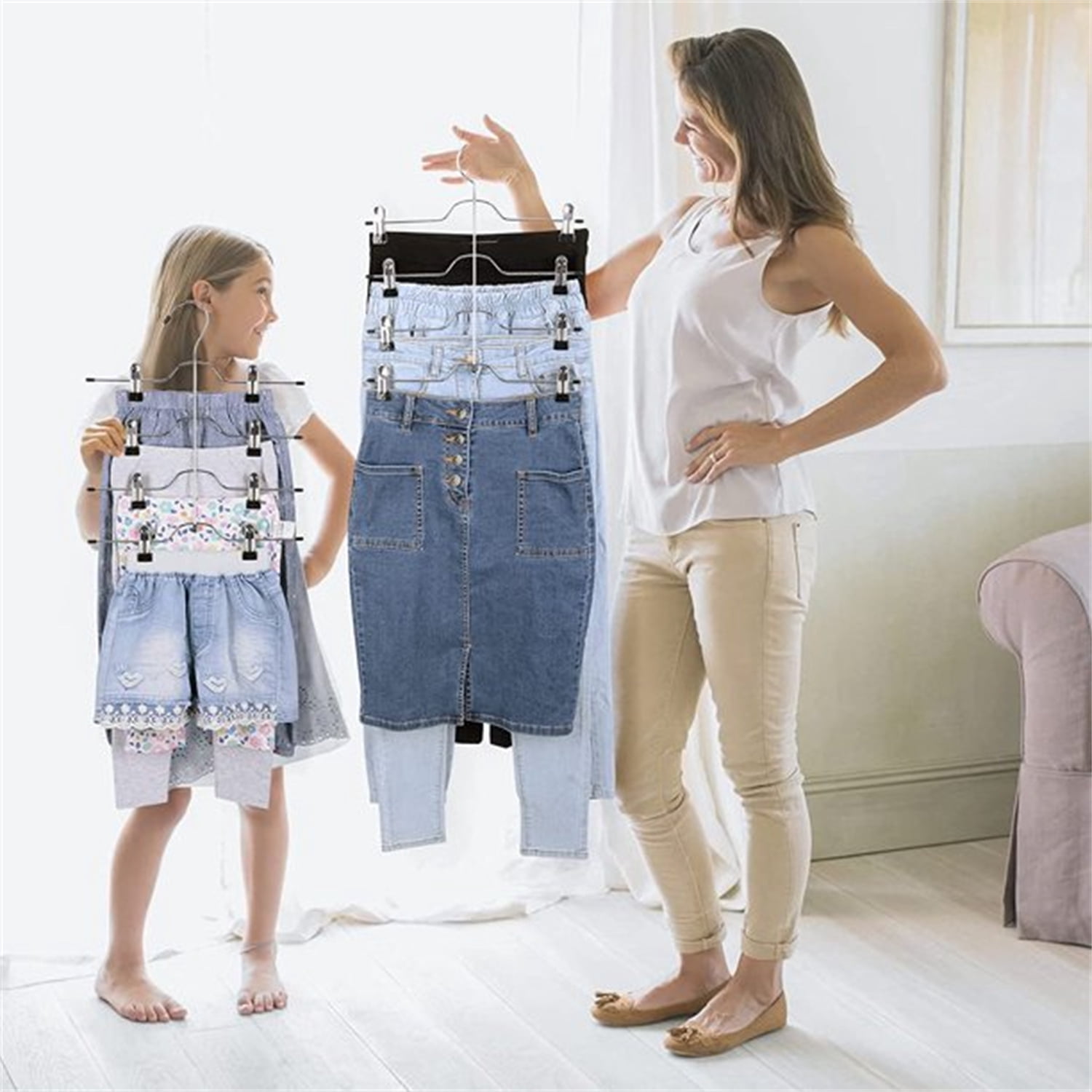 Skirt Pants Hangers, Pants Hangers Space Saving, 4 Tier Metal Skirt Hanger with Adjustable Clips Pants Trouser Hangers Closet Organizer for Jeans, Slacks, Shorts (2 Pack Black) by Casewin