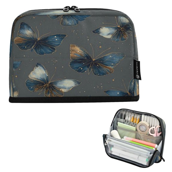 Standing Pencil Case with Base Large Capacity Stationery Pouch Pen Bag with Zipper for Women Men Brown-blue Butterfly Pattern