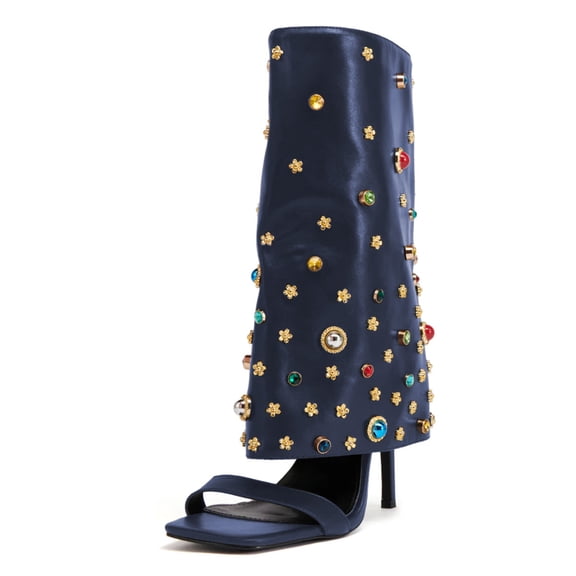 FSJ Women Sexy Square Open Toe Mid Calf Sandals Stiletto High Heel Studded Rhinestones Foldover Side Zipper Shoes Size 8 Navy