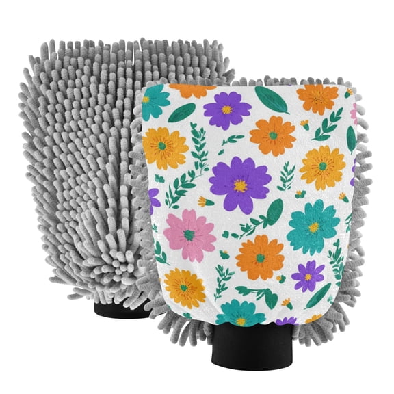 Microfiber Car Wash Gloves With Chenille & Polyester Terry Scratch-Free Cleaning Elastic Cuffs White Background Floral
