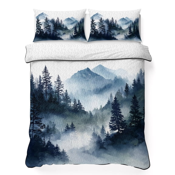 Quilts Twin Size Bedding Set, Blue Black Mountain Lightweight Quilted Comforter, Forest Pine Trees Abstract Art Soft Reversible Bedspread Coverlet with Pillow Covers for All Season, 68" x 86"