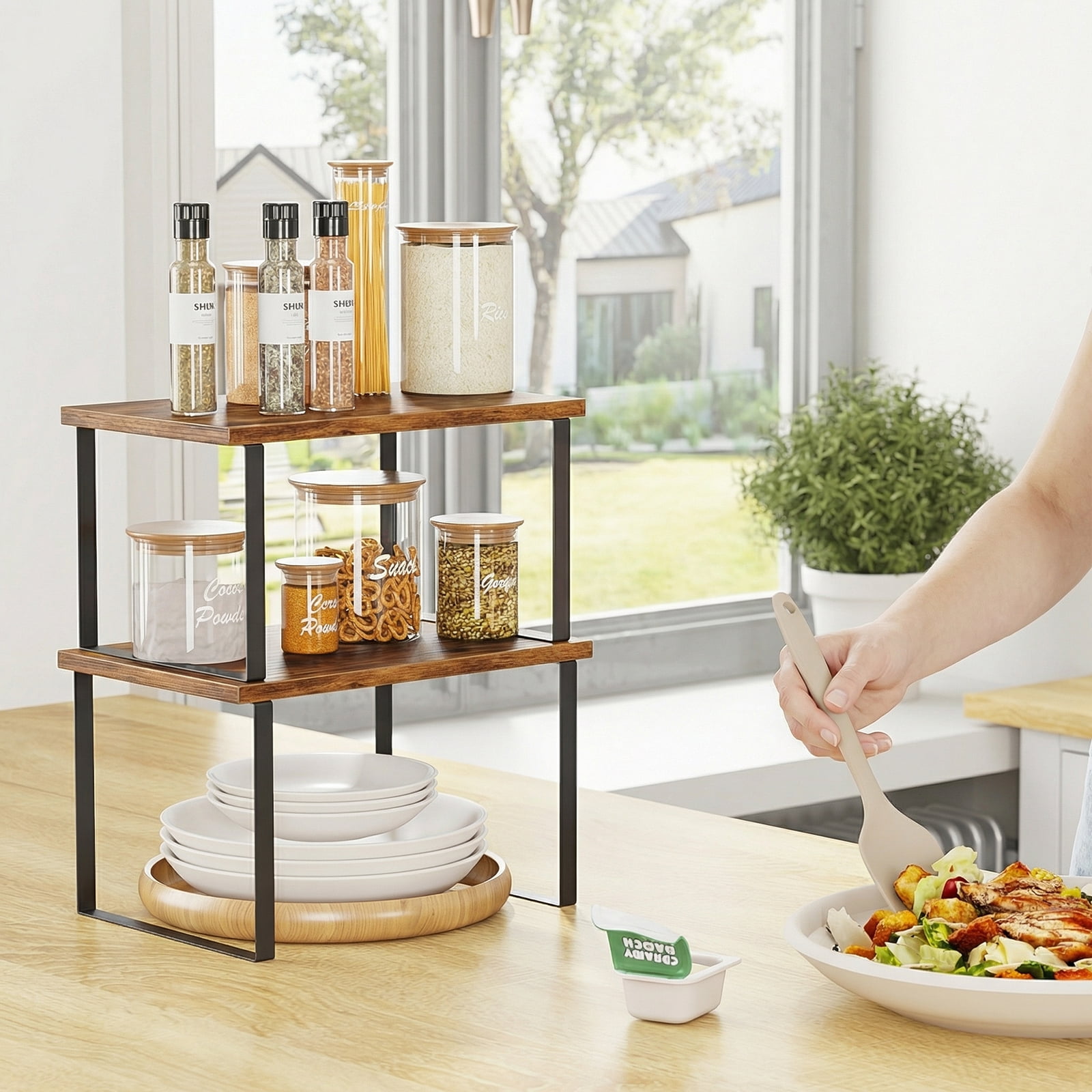 Yoneston 2 Pack Cabinet Organizers Shelf, Spice Rack, Stackable and Expandable Kitchen Counter Shelves, Brown