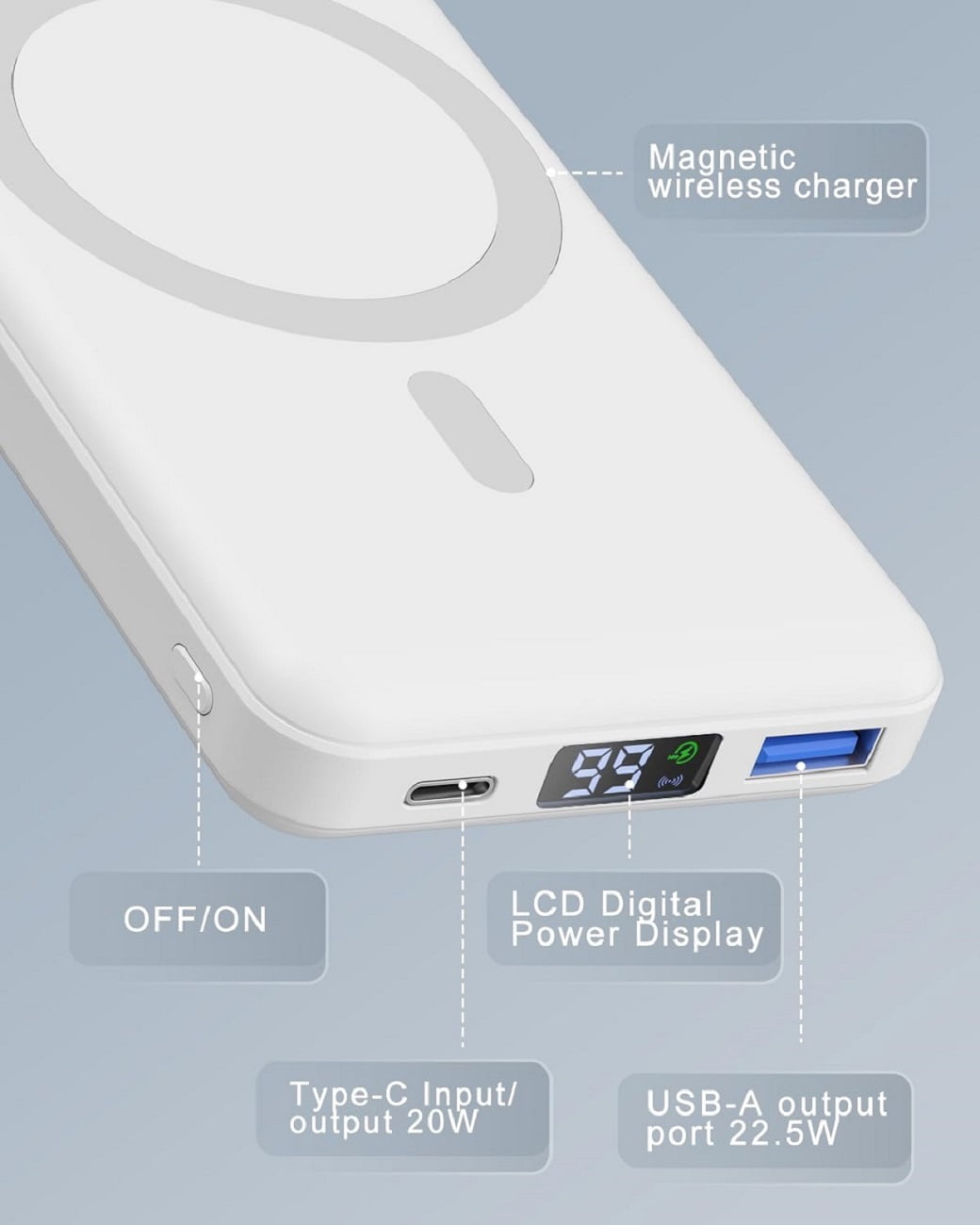 Podoru Wireless Portable Charger, 10000mAh Magnetic Power Bank LED Display 22.5W PD Fast Charging Battery Pack for iPhone 16/15/14/13/12/Mini/Pro/Pro Max-White