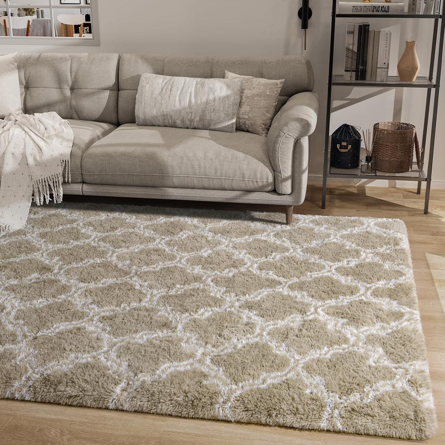 Lochas Shag Area Rug Geometric Plush Fluffy Rugs Soft Moroccan Carpet for Bedroom Living Room Floor Mat Home Decor,8x10ft,Beige/White