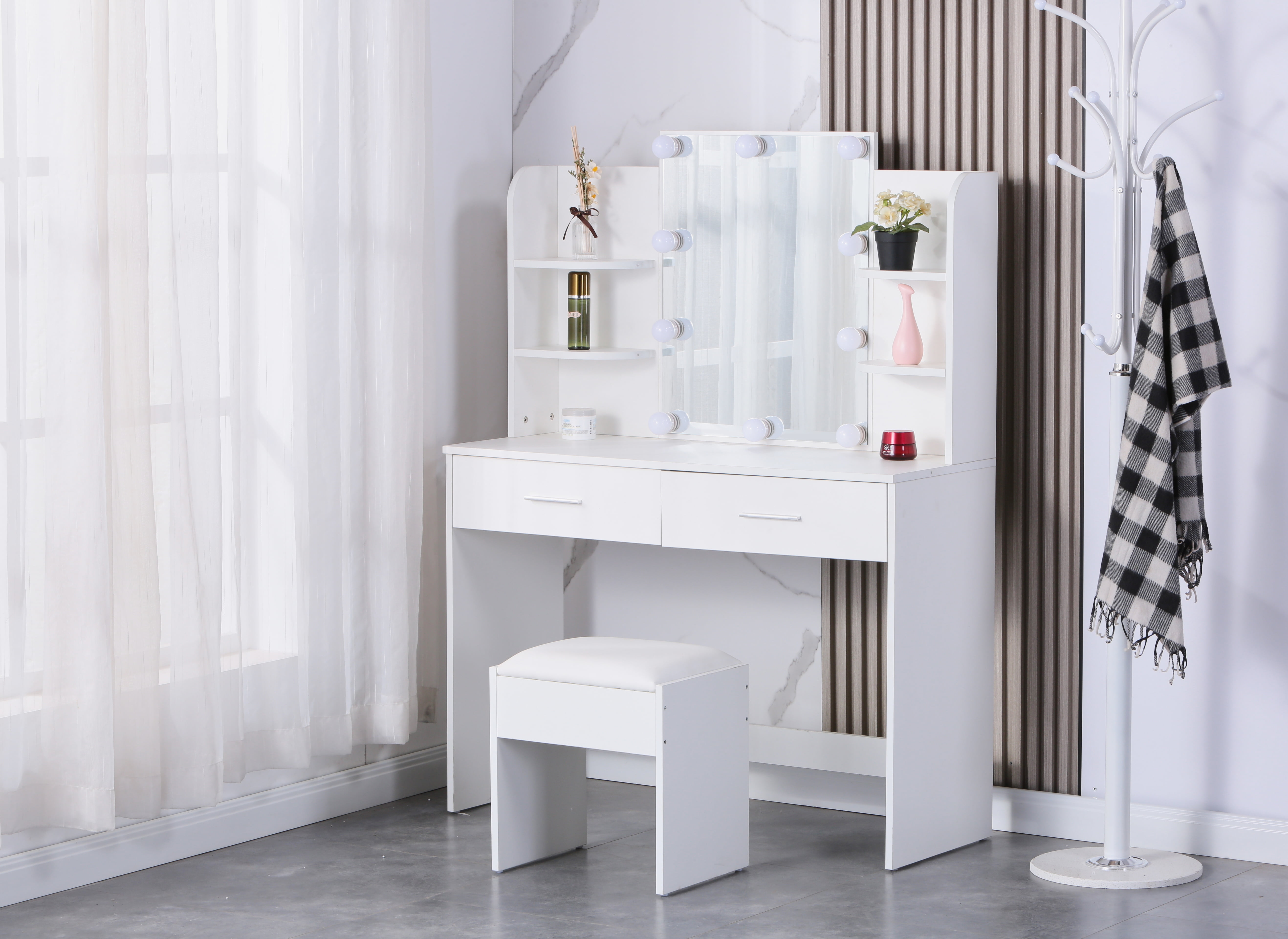 Joanwocth White Makeup Desk with Drawers and Mirror,Makeup Vanity Table 