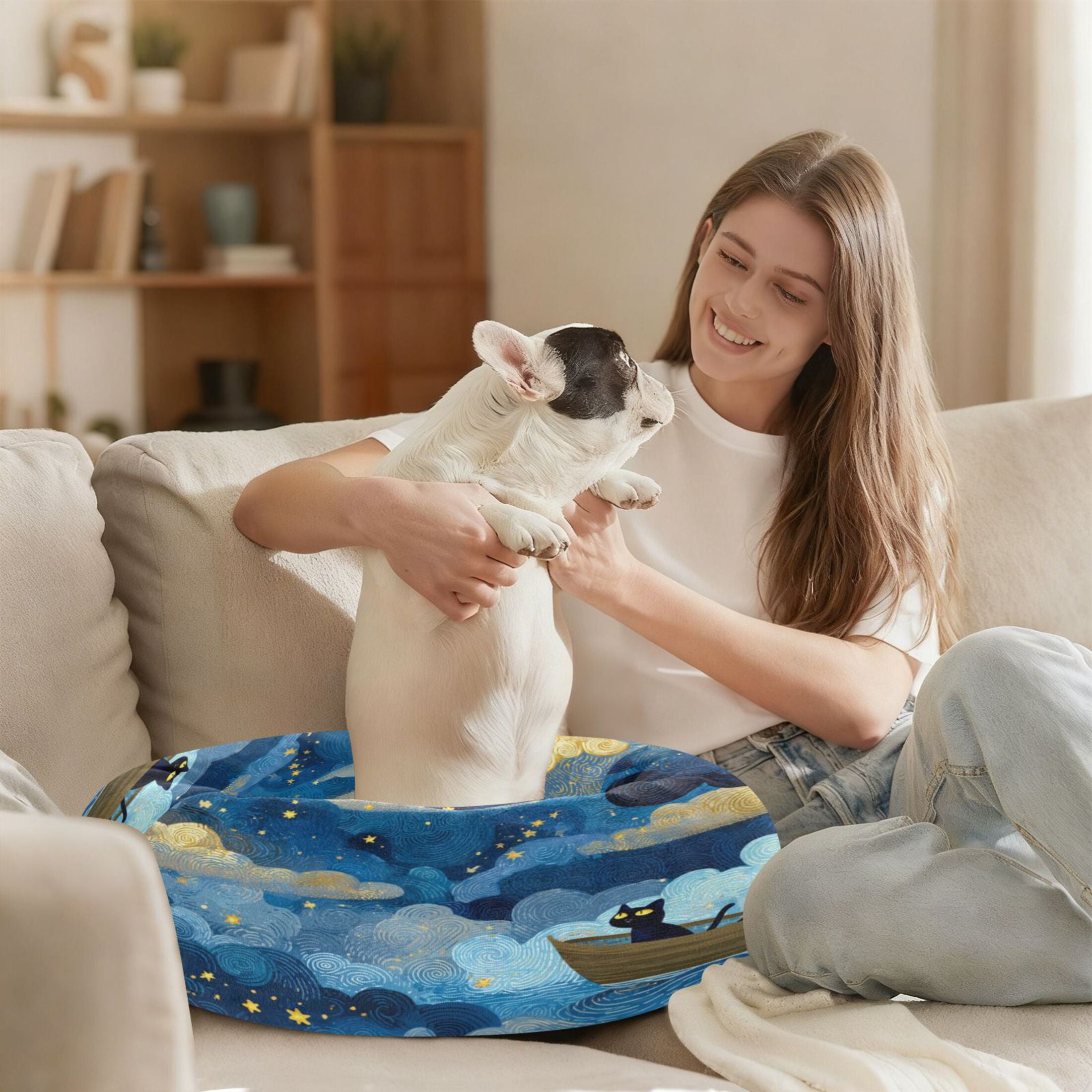 Iauyy Pet Couch Donut Cat Bed for Indoor Cats/Small Dogs Washable & Machine with Non-slip Bottom Calming Cat Furniture, Cat Is Rowing Boat (M)