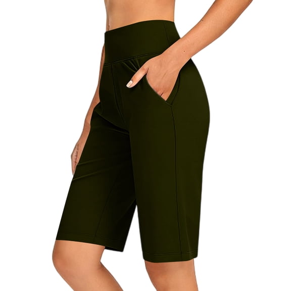 ClodeEU Women's High Waist Bermuda Yoga Shorts, Elastic Waist Knee Length Casual Pants with Pockets Army Green,Women's Plus L