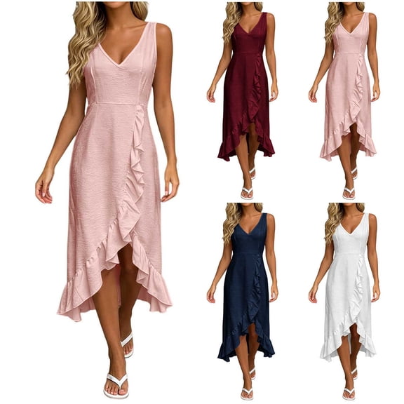 YuXingFu Wedding Guest Dresses for Women Short Maxi V-Neck Plus Size Womens Dress Sleeveless Wrap Long Casual Summer White S