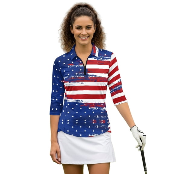 HUIACONG 4th of July Womens 3/4 Sleeve Golf Shirts with American Flag Pattern, Quarter Zip Polo for Ladies Golf and Tennis Activewear