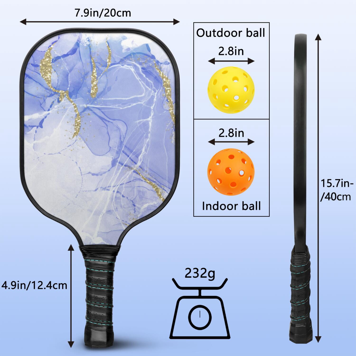 Pickleball Paddles Set Of 1, Fiberglass Surface, Turquoise Marble Pattern, 1 Paddle, 2 Balls & Bag