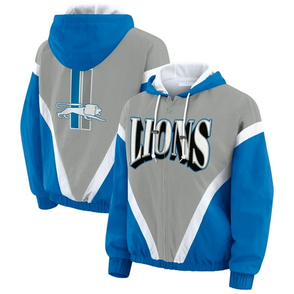 Women's WEAR by Erin Andrews Blue/Silver Detroit Lions Retro Crinkle Full-Zip Hoodie Windbreaker
