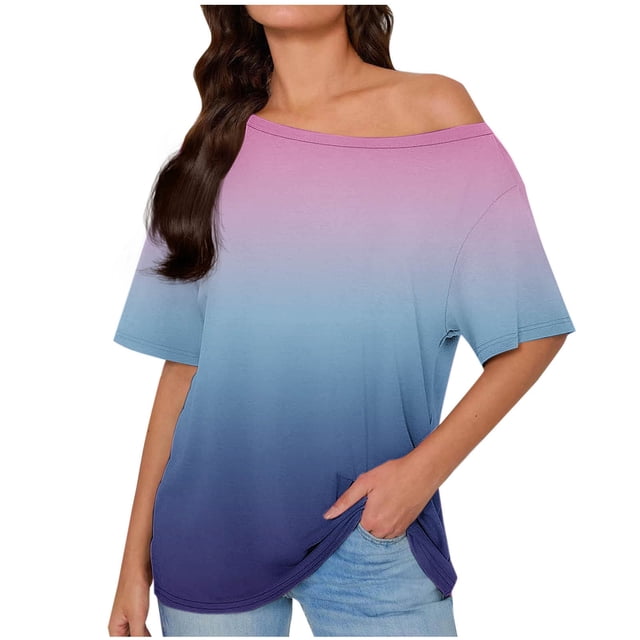 Scyoekwg T-Shirts à Manches Courtes Dégradé pour Femmes, Tunique Décontractée à Col Rond, Blouses Légères et Amples (Rose, P)