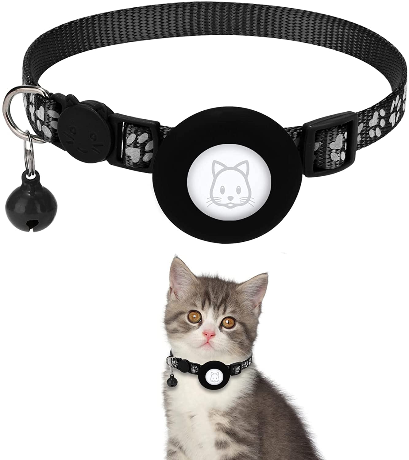 Airtag Cat Collar with Breakaway Bell, Reflective Paw Pattern Strap
