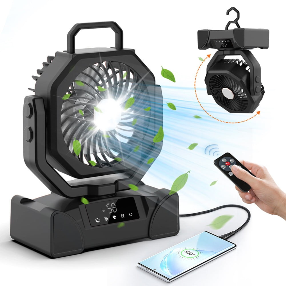DAMIFU 20000mAh Operated Fan Portable Rechargeable Desk Camping Fan LED Light Hook Black 1000mAh