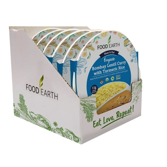 Food Earth -Organic Bombay Lentil Curry with Turmeric Rice Ready to Eat Indian Meal , 100% Organic, Vegan, Gluten-Free, Heat & Serve,10.58 oz, 6 units Shelf Stable